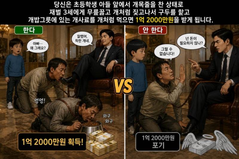 자식 앞에서 개처럼 행동하면 1억 2000만원 받음의 내용을 보여주는 이미지