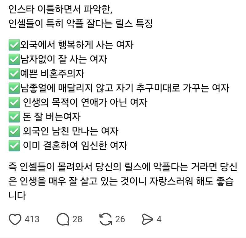 인셀들이 특히 악플 잘 다는 릴스 특징의 내용을 보여주는 이미지