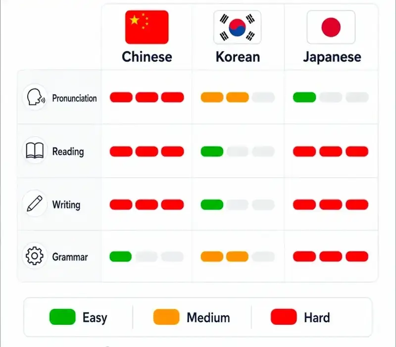 영어권 화자가 본 한중일 언어의 난이도의 내용을 보여주는 이미지