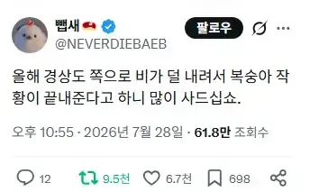 경상도 쪽으로 비가 덜 내려서 복숭아 작황이 끝내준다고 함의 내용을 보여주는 이미지
