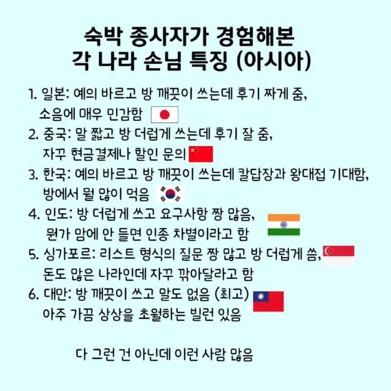 숙박업자가 경험해본 각 나라 특징의 내용을 보여주는 이미지