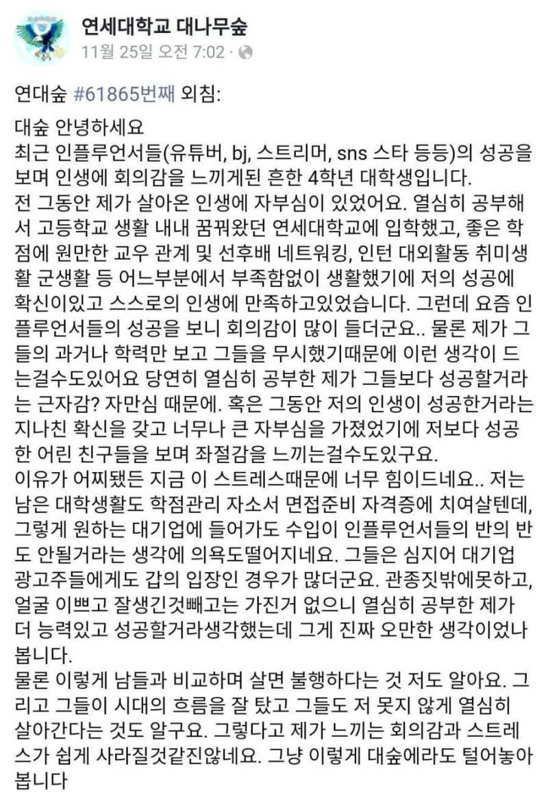 인플루언서들을 보고 현타온 연대생의 내용을 보여주는 이미지