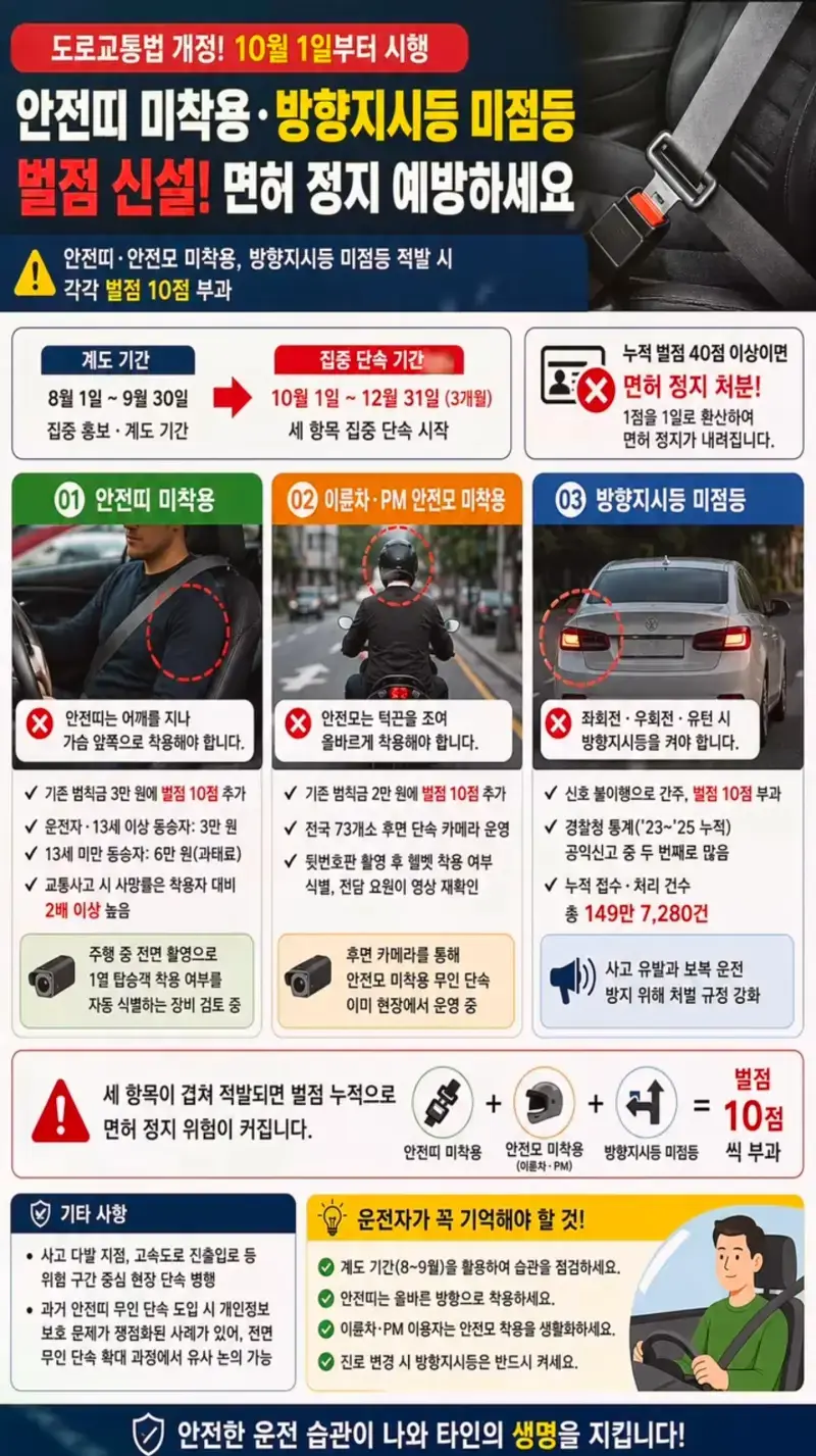 10월부터 새로 추가 된다는 운전 벌점 목록의 내용을 보여주는 이미지