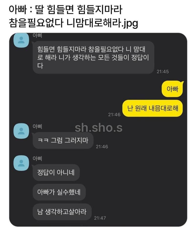 아빠: 딸 힘들면 힘들지마라 참을필요없다 니 맘대로 해라의 내용을 보여주는 이미지