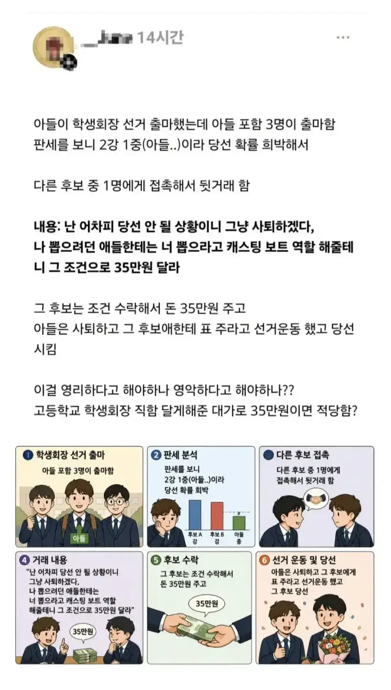 35만원 받고 학생회장 후보 사퇴한 고딩 아들의 내용을 보여주는 이미지