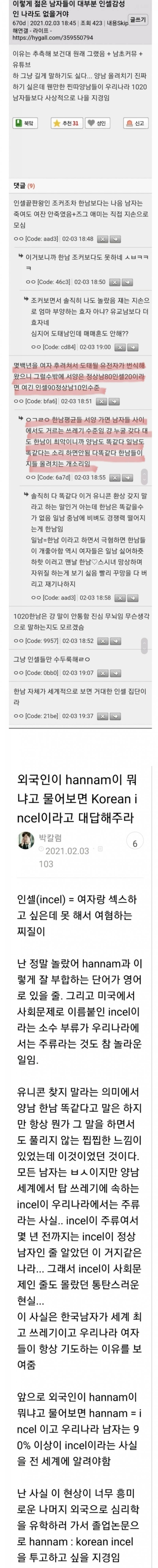 인셀이 주류인 나라 한국의 내용을 보여주는 이미지