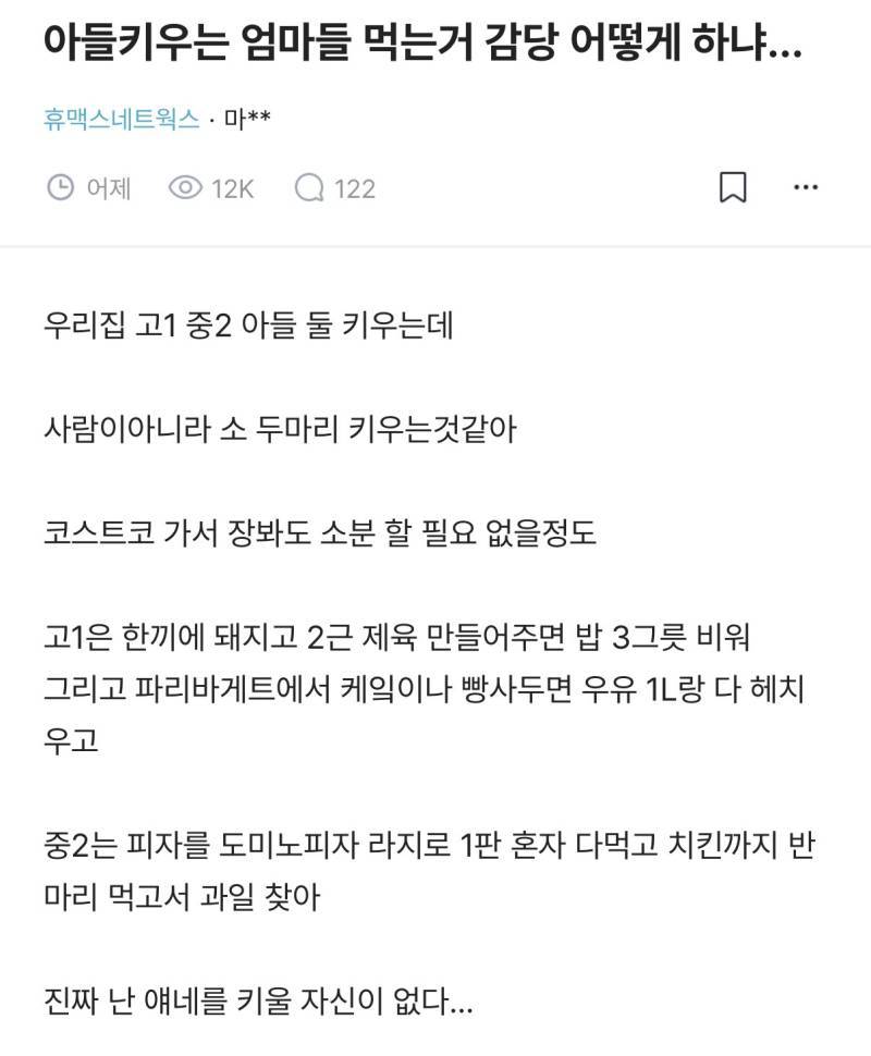아들 키우는 엄마들 먹는거 감당 어떻게 하냐…의 내용을 보여주는 이미지