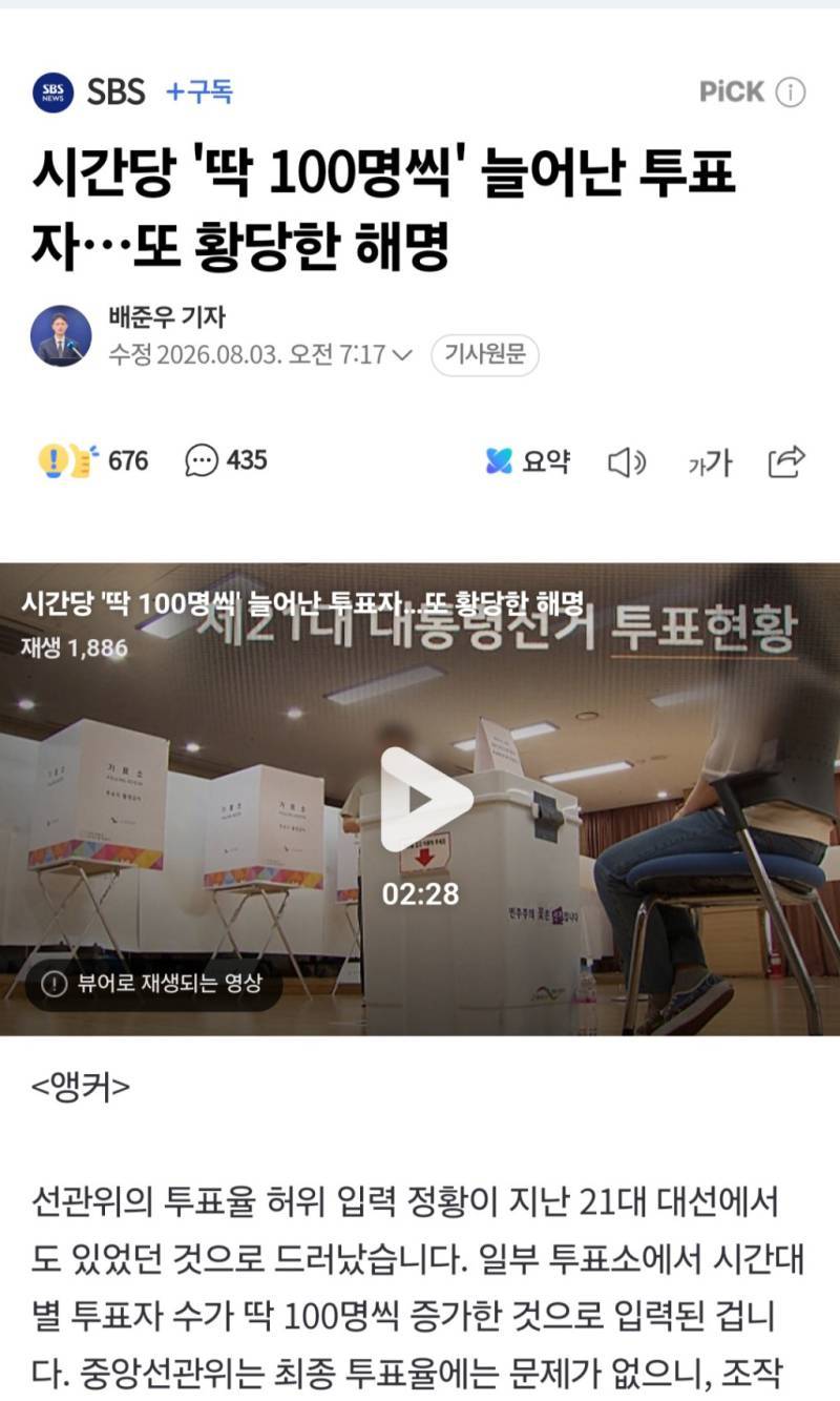 시간당 '딱 100명씩' 늘어난 투표자…또 황당한 해명의 내용을 보여주는 이미지