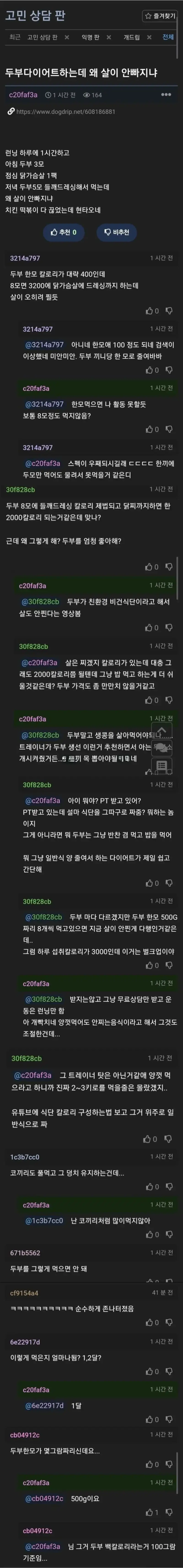 두부만 먹는데 왜 살이 안빠지는지 고민의 내용을 보여주는 이미지