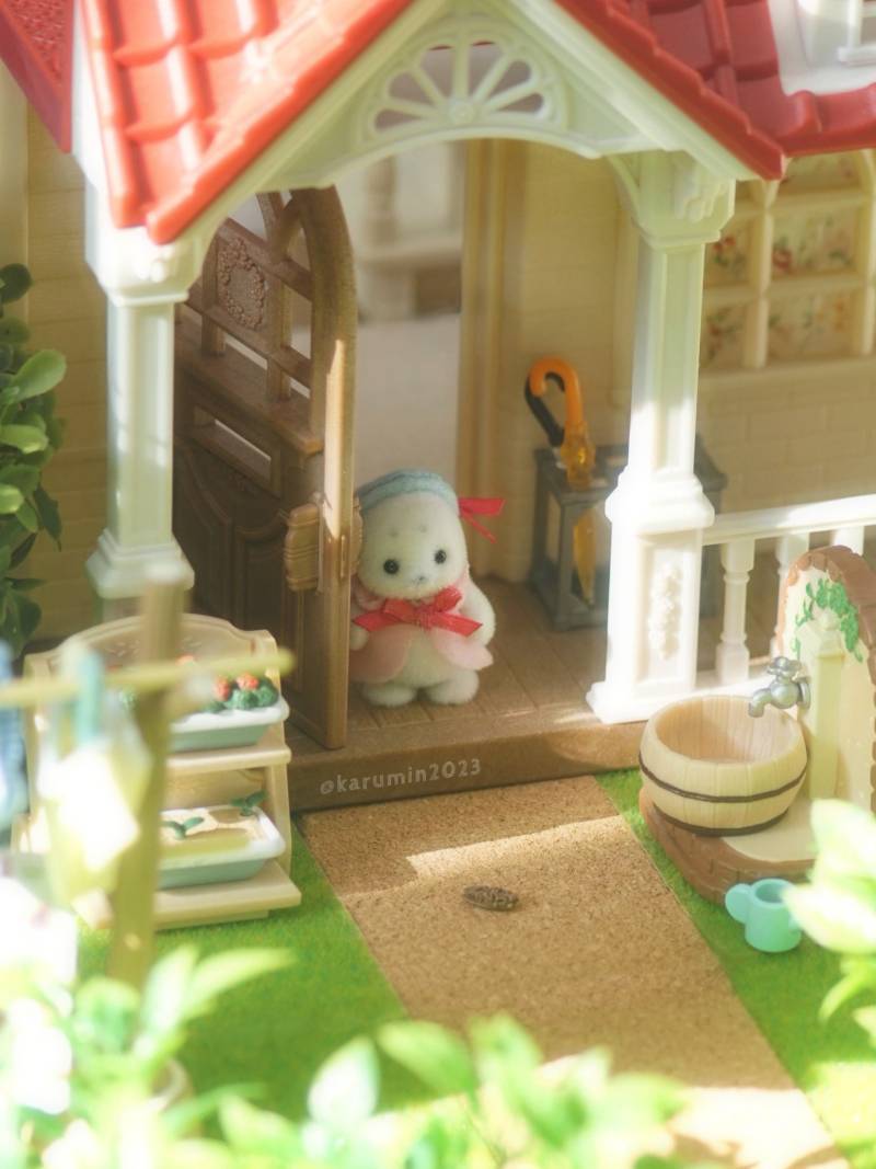 シルバニアの赤ちゃんの写真です。 シルバニアのアザラシの赤ちゃんがきいちご林のお家のドアを開けて外に出ようとしています。ドアを開けた先にはセミがひっくりかえっていて、赤ちゃんはそれを見つめています。玄関前には木桶や水道、植木などがあり、夏の日差しが差し込んでいます。