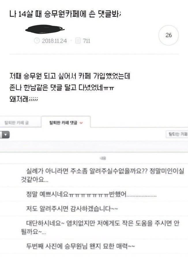 나 14살때 승무원 카페에 쓴 댓글 봐;;의 내용을 보여주는 이미지