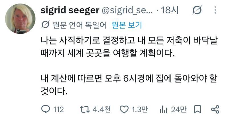 나는 사직하기로 결정하고 내 모든 저축이 바닥날 때까지 세계 곳곳을 여행할 계획이다.의 내용을 보여주는 이미지