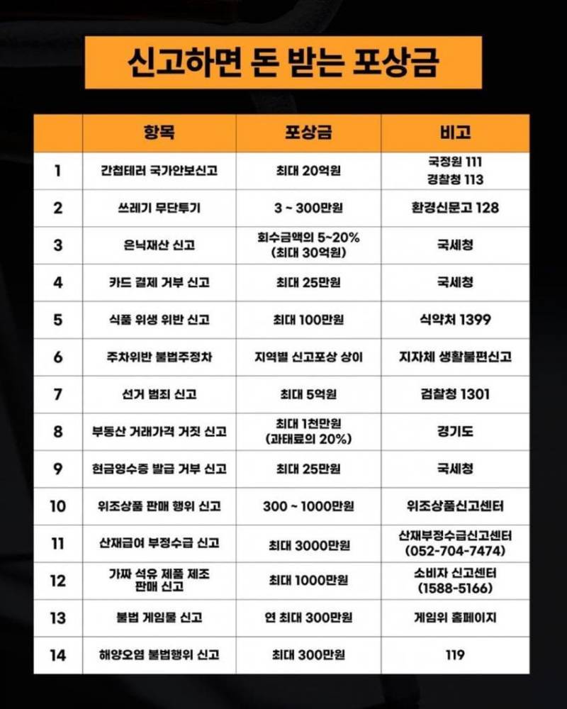 신고하면 받을수 있는 포상금 총정리의 내용을 보여주는 이미지