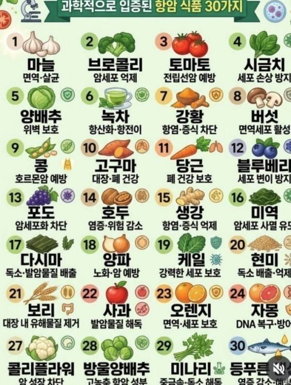 과학적으로 입증된 항암 식품 30가지의 내용을 보여주는 이미지