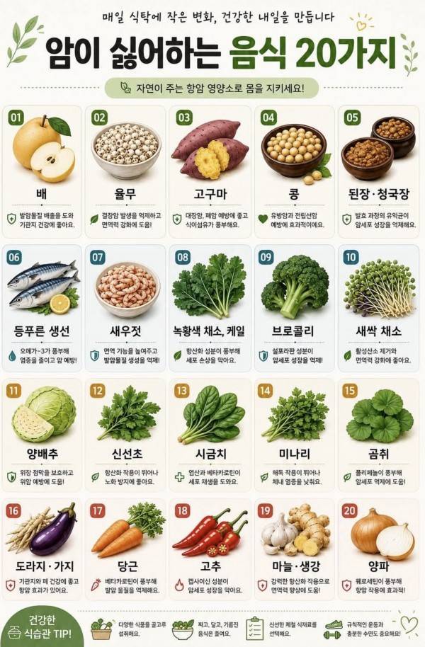 암이 싫어하는 음식 20가지의 내용을 보여주는 이미지