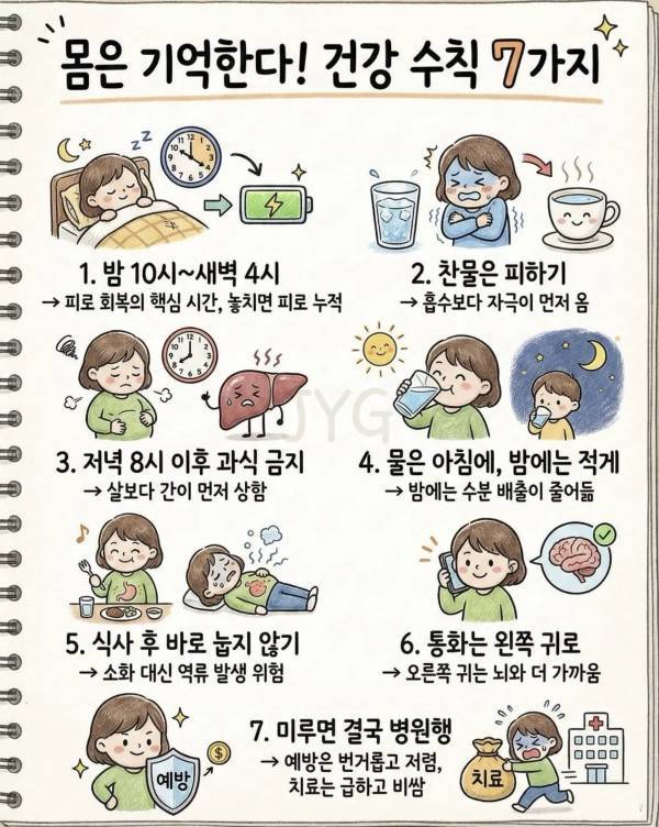 몸은 기억한다! 건강 수칙 7가지의 내용을 보여주는 이미지