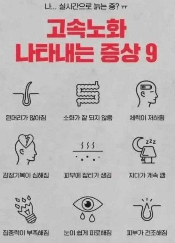 고속 노화 증상 9가지의 내용을 보여주는 이미지