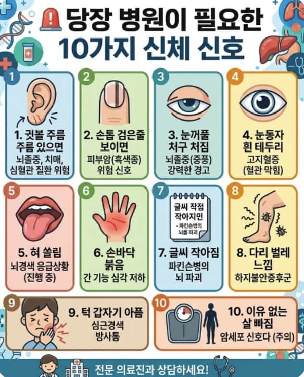 당장 병원이 필요한 10가지 신체 신호의 내용을 보여주는 이미지
