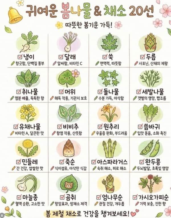 봄에 먹으면 보약인 제철음식 봄나물 & 채소 20선의 내용을 보여주는 이미지