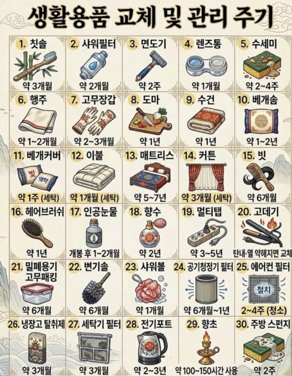 생활용품 교체 및 관리 주기의 내용을 보여주는 이미지