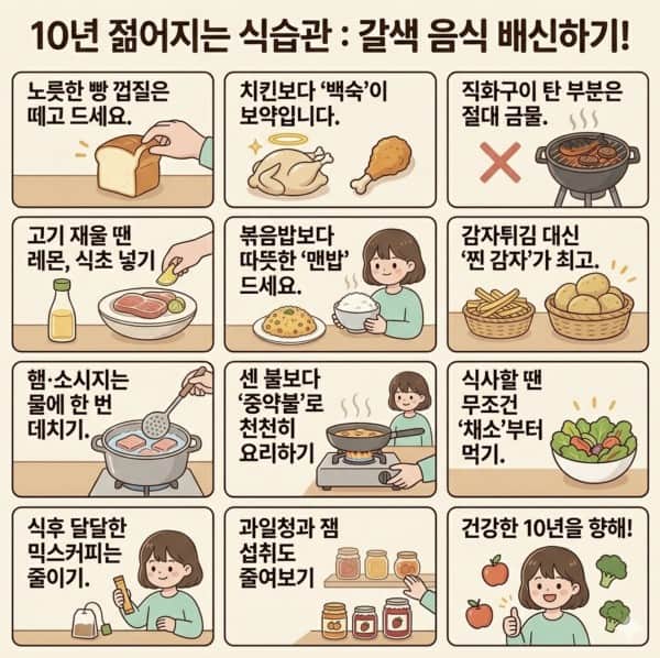 10년 젊어지는 식습관, 갈색 음식 배신하기!의 내용을 보여주는 이미지